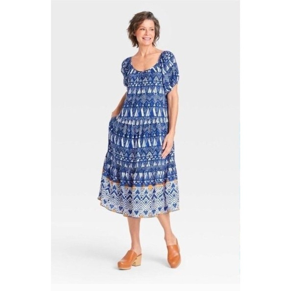 Knox Rose Midi Dress Womens Medium Blue Geometric‎ Tribal Boho Tiered Tie Back